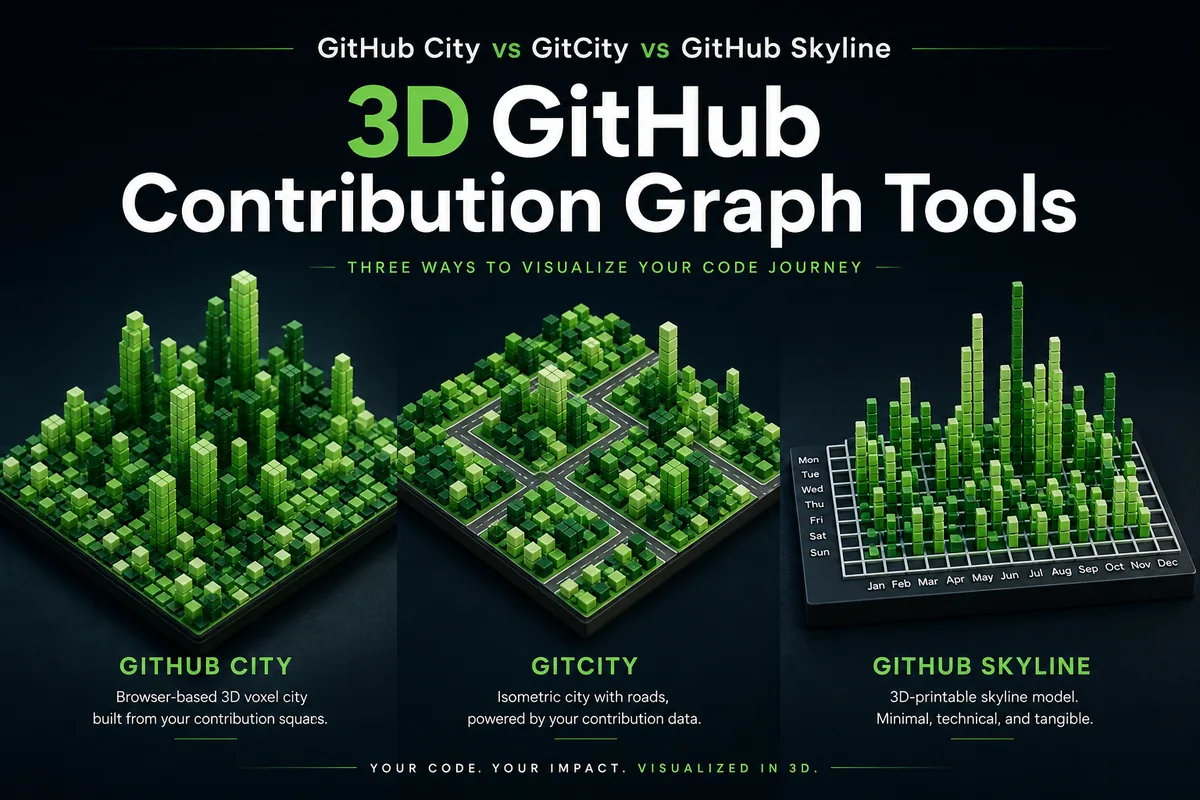 Comparison of 3D GitHub contribution graph tools showing a voxel city, isometric city, and printable skyline model
