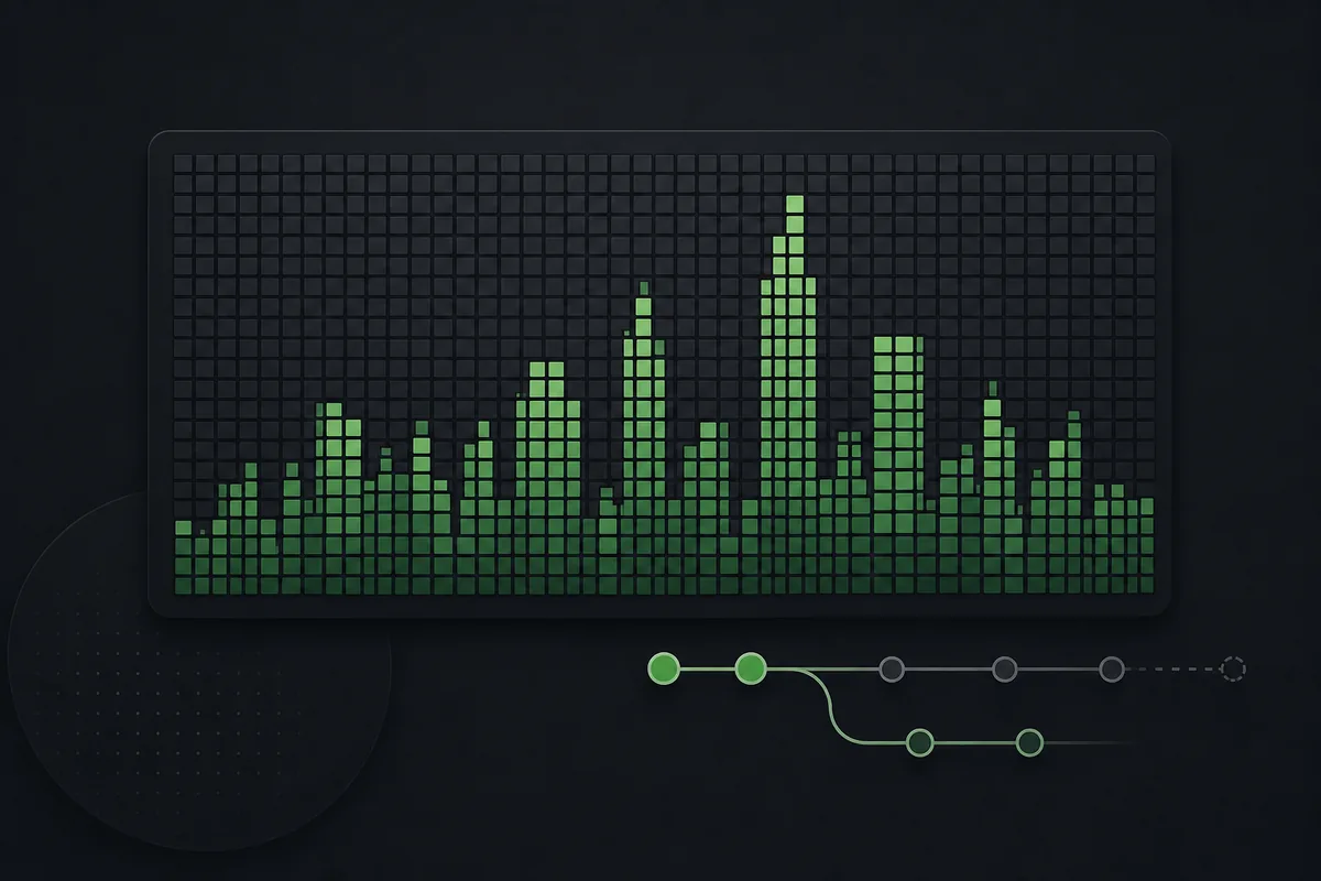 Editorial illustration of green contribution squares forming a city skyline above a Git branch