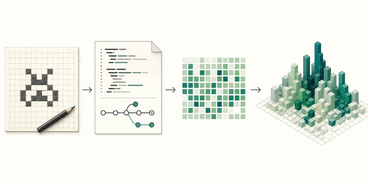 Four-stage editorial flow from a pixel sketch to real code, a contribution grid, and a 3D city