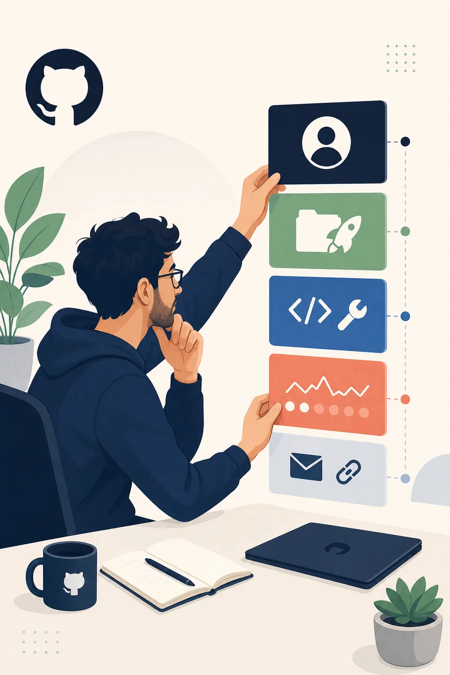 Editorial illustration of a developer arranging profile README sections for identity, projects, skills, activity, and contact