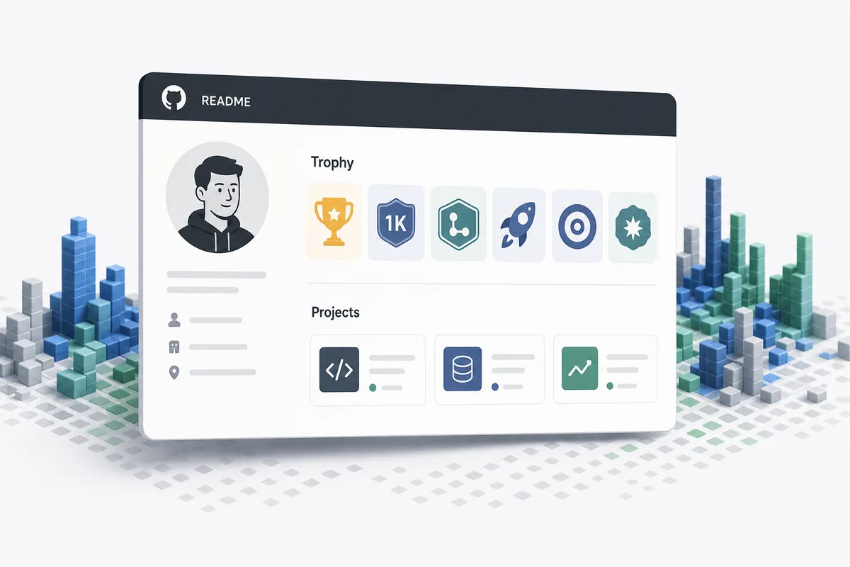 Editorial graphic showing a GitHub profile README with trophy icons, project proof, and a GitHub City visual cue