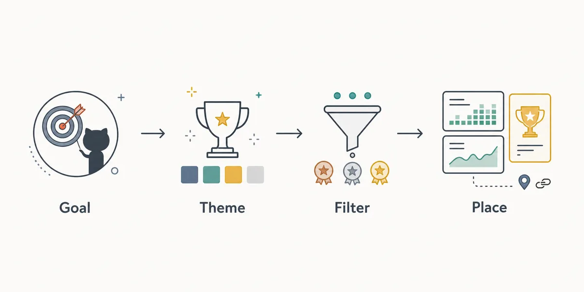 Step-flow graphic for choosing a README goal, trophy theme, filters, and placement
