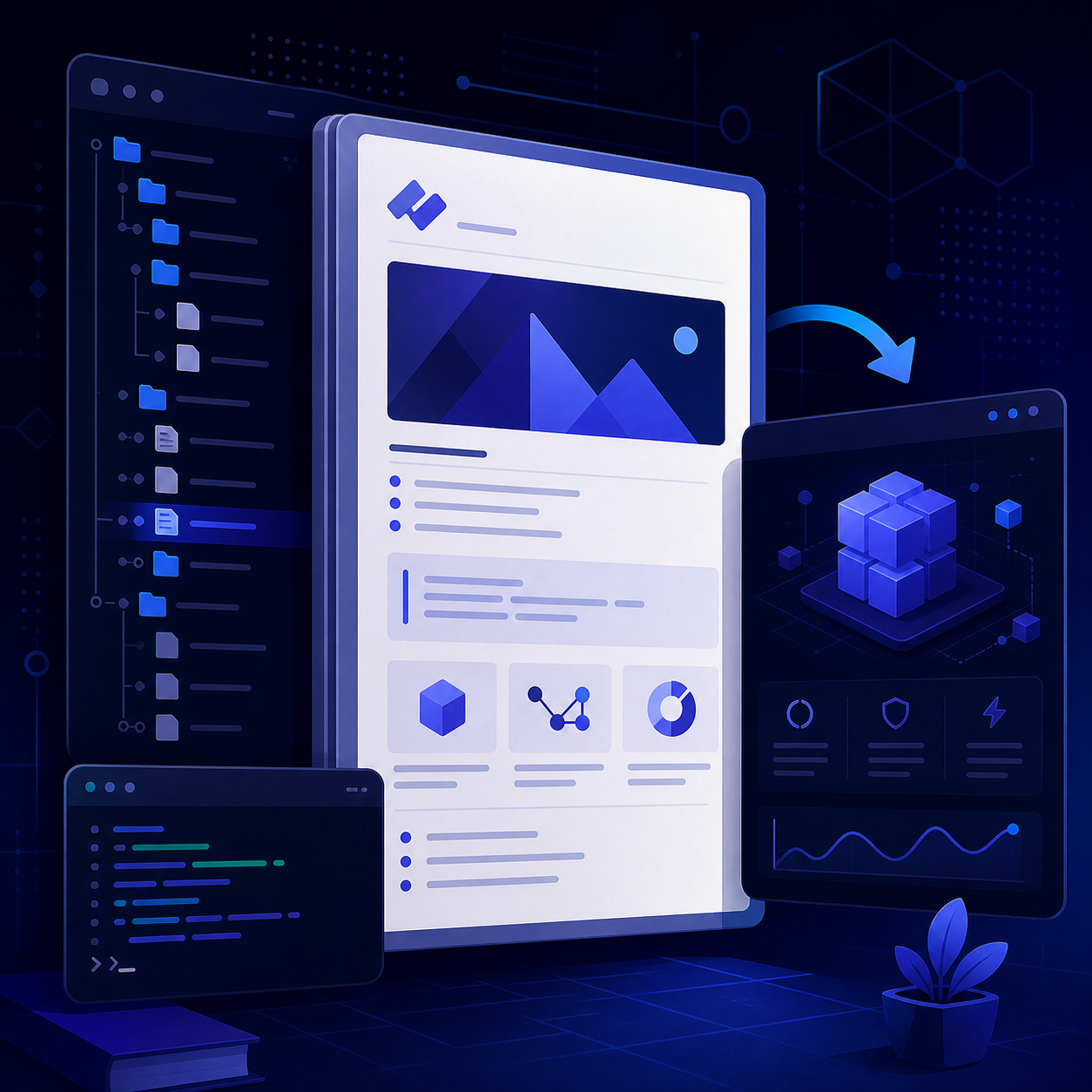 Editorial illustration of a GitHub project README connected to a repository tree, terminal, demo panel, and project result