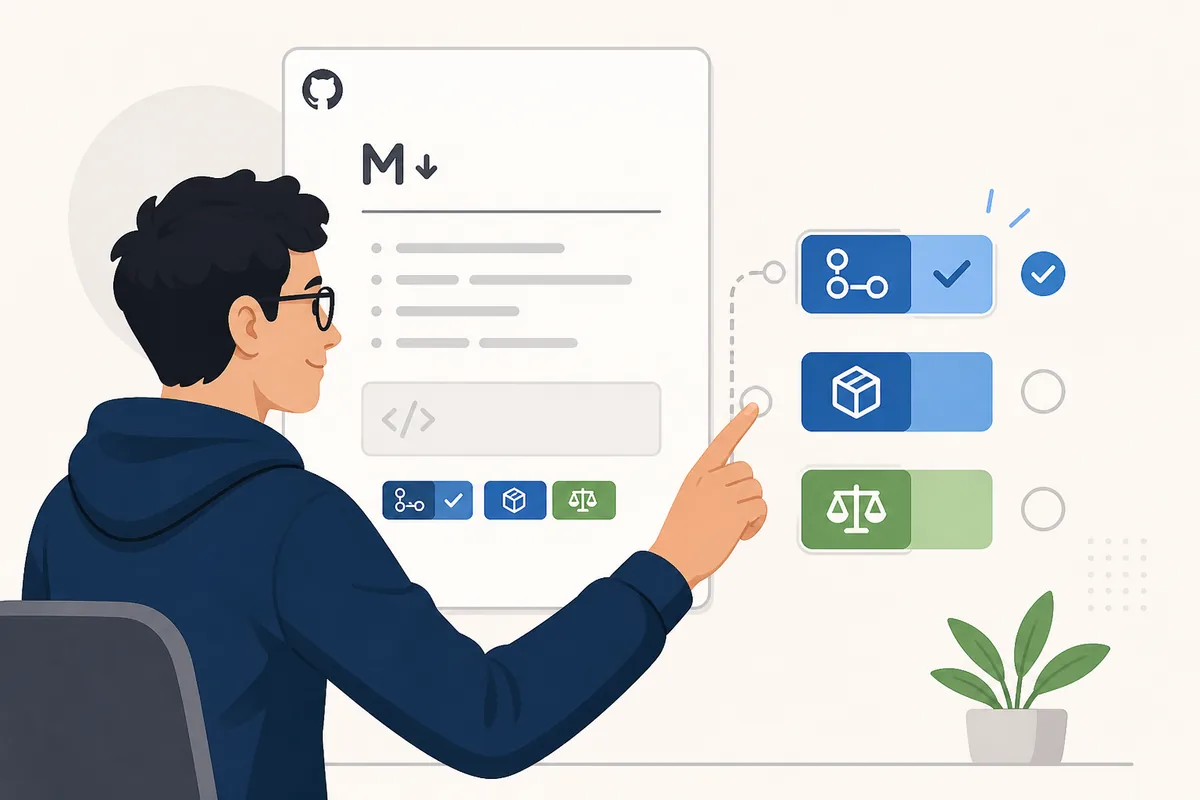 Editorial illustration of a developer selecting a small set of useful GitHub README badges beside a Markdown document