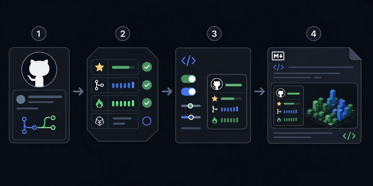 Four-step editorial flow for adding GitHub README Stats to a profile README
