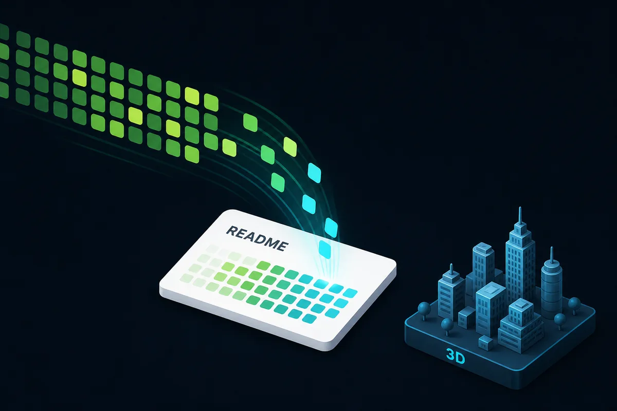 Editorial diagram showing GitHub contribution data flowing into a README streak stats card and a GitHub City 3D view