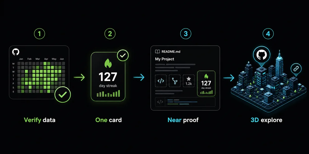 Simple workflow diagram for checking official GitHub data, choosing a streak card, and linking to GitHub City when more visual context is needed
